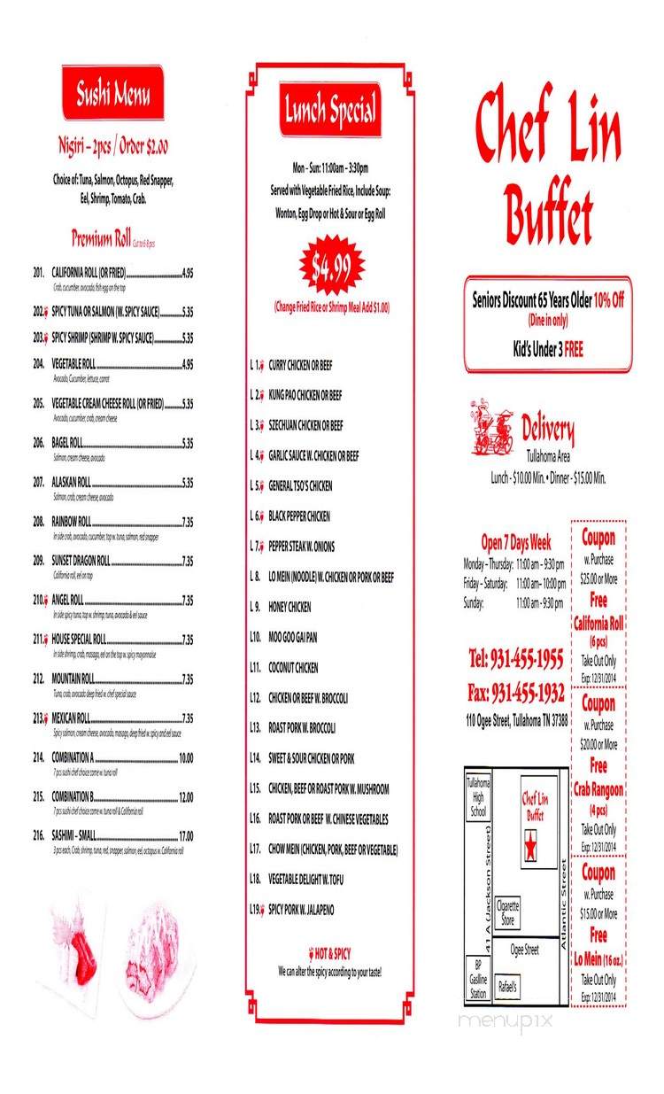 Chef Lin Chinese Buffet - Tullahoma, TN menu_pic
