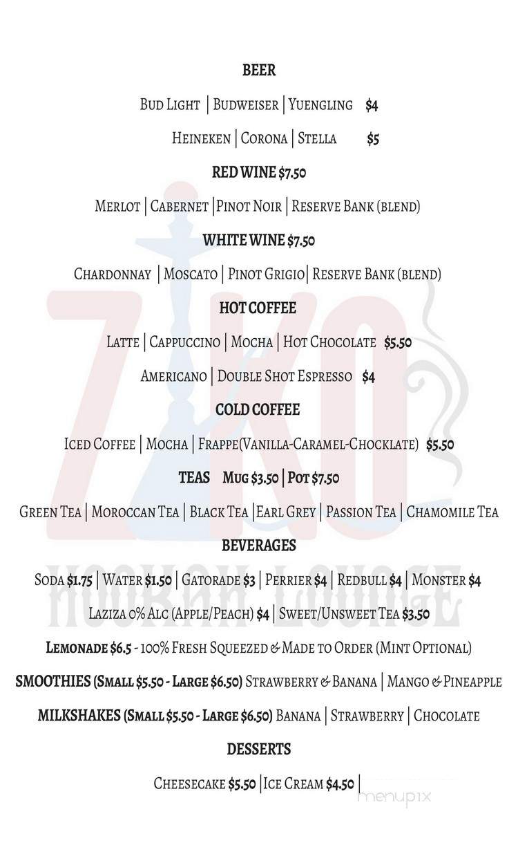 Ziko Hookah Lounge - Tampa Bay, FL menu_pic