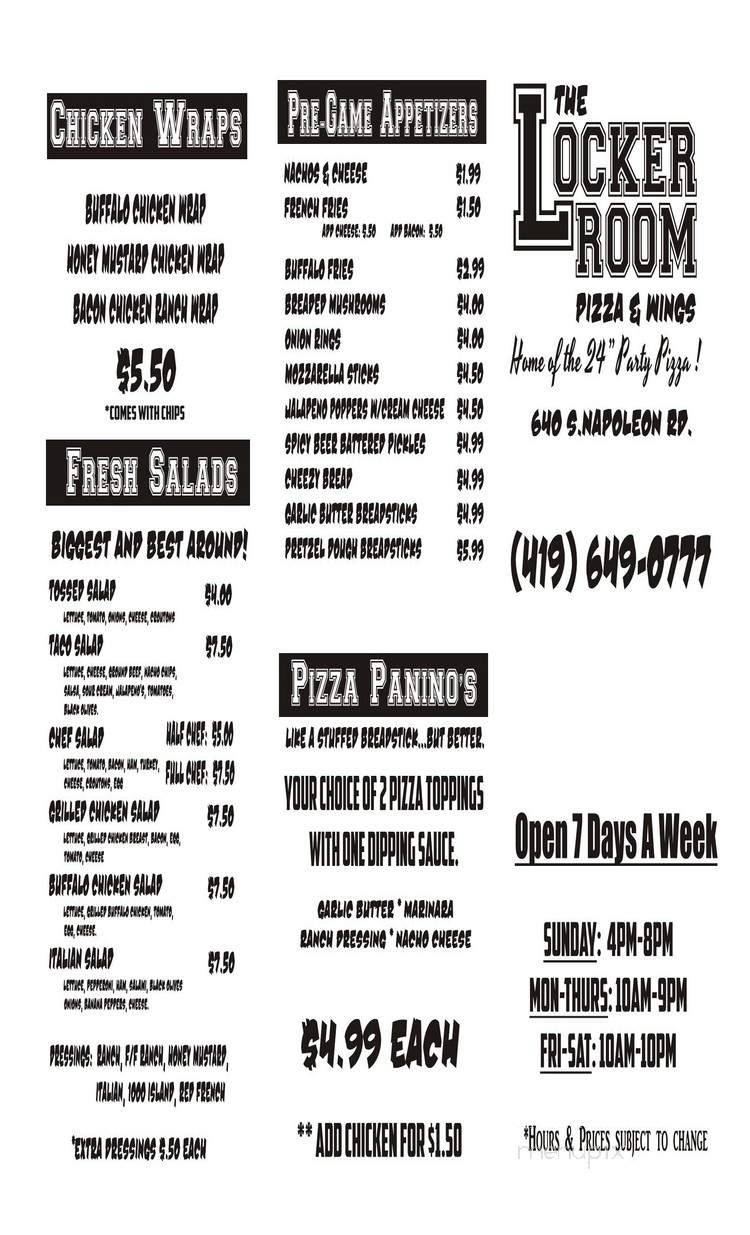 Locker Room Pizza & Wings - Harrod, OH menu_pic