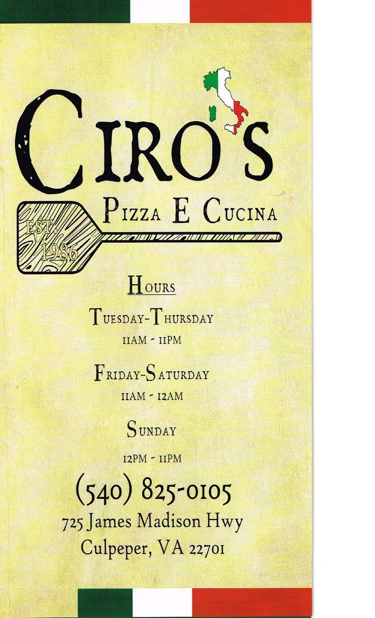Ciro's Italian Pizzeria - Culpeper, VA menu_pic