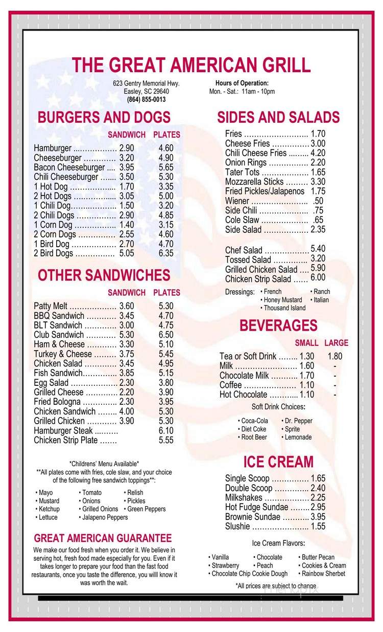 The Great American Grill - Easley, SC menu_pic