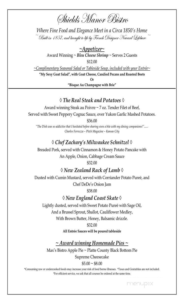 Shields Manor Bistro - Platte City, MO menu_pic
