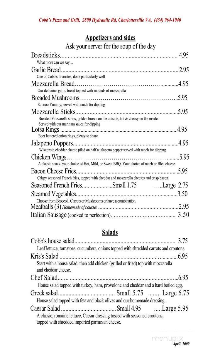 Cobb's Pizza - Charlottesville, VA menu_pic