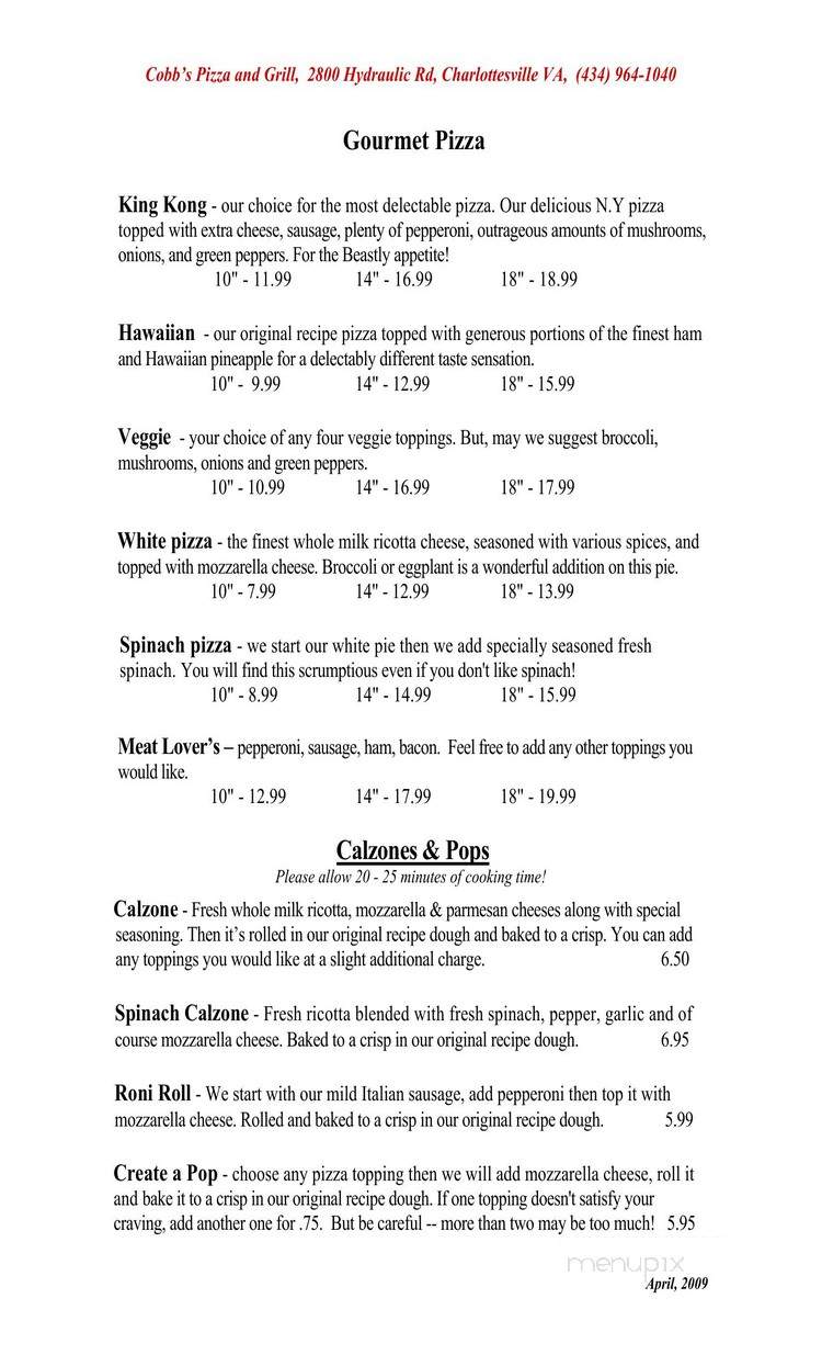 Cobb's Pizza - Charlottesville, VA menu_pic
