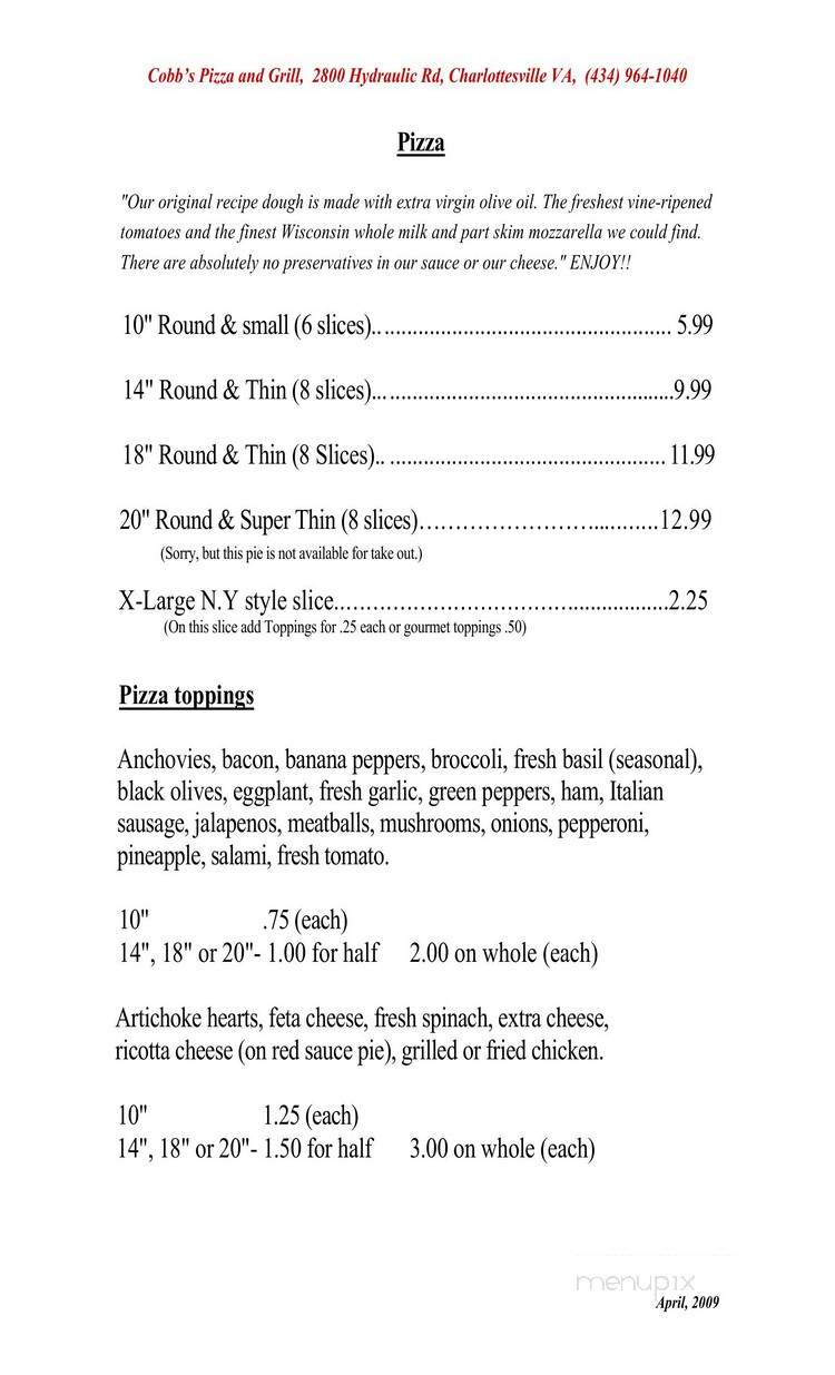 Cobb's Pizza - Charlottesville, VA menu_pic