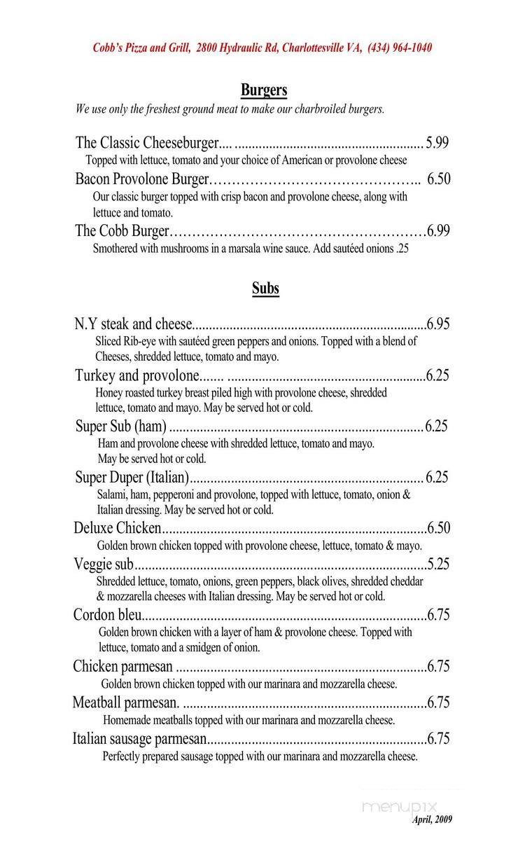 Cobb's Pizza - Charlottesville, VA menu_pic