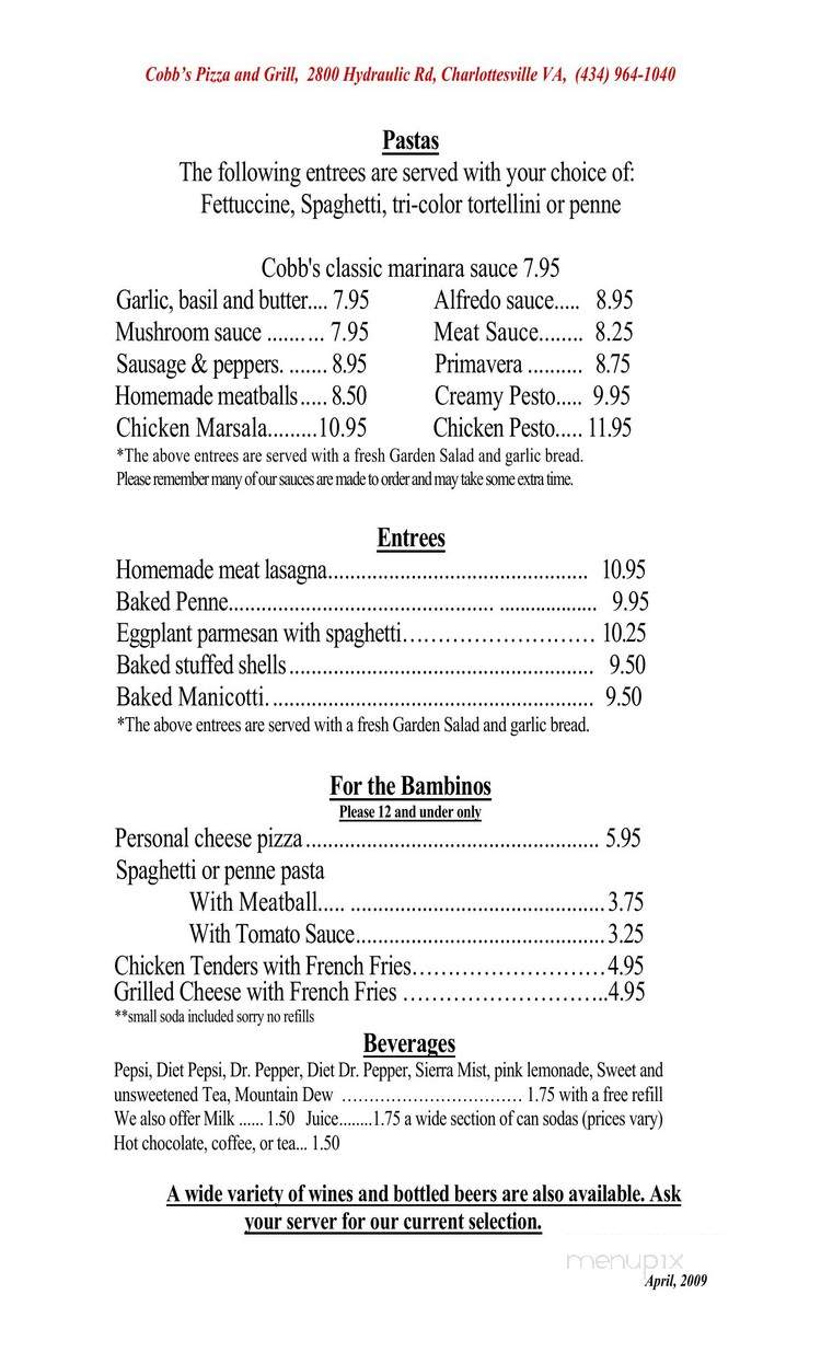 Cobb's Pizza - Charlottesville, VA menu_pic