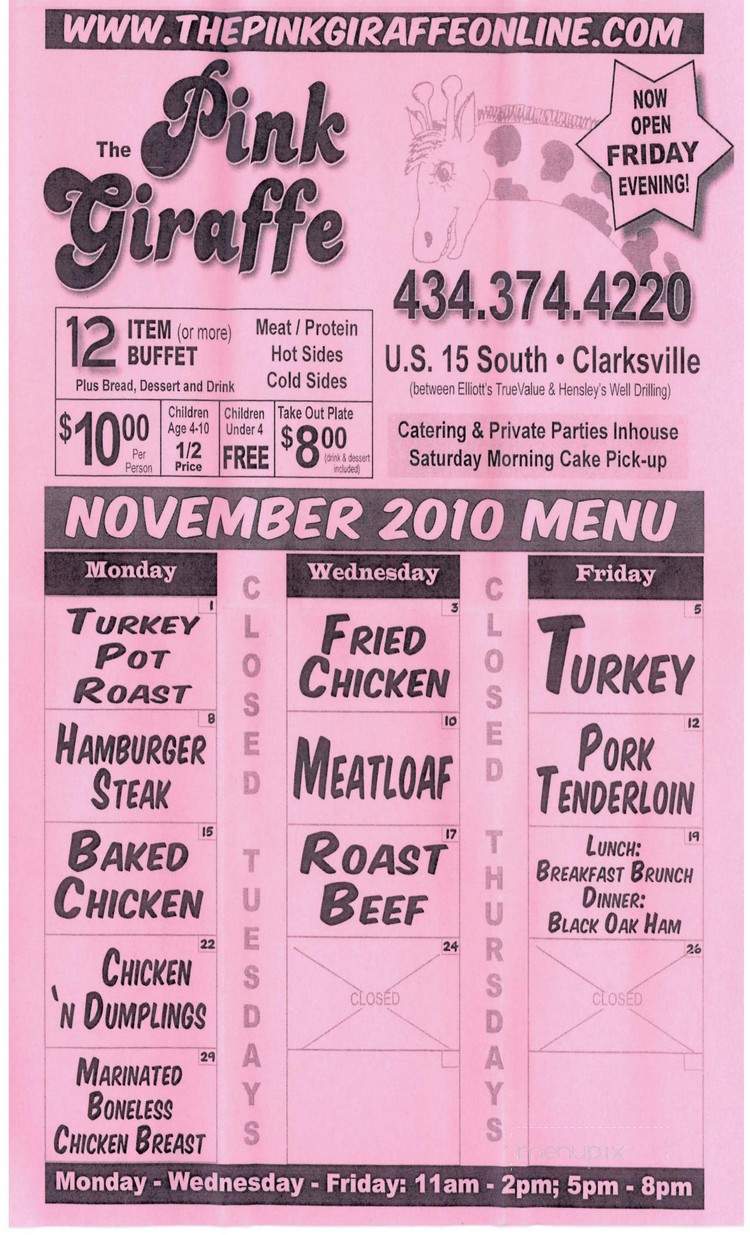 Pink Giraffe - Clarksville, VA menu_pic