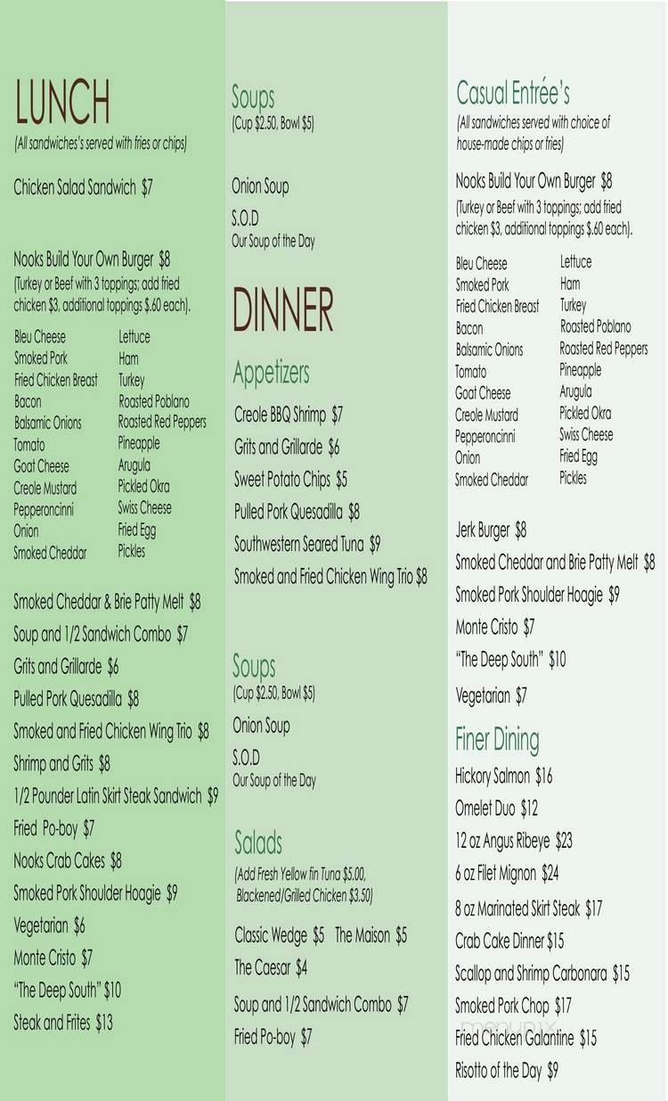 Nooks Restaurant - Anderson, SC menu_pic