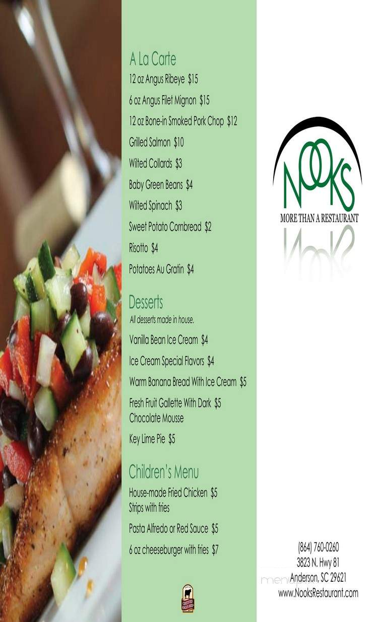 Nooks Restaurant - Anderson, SC menu_pic