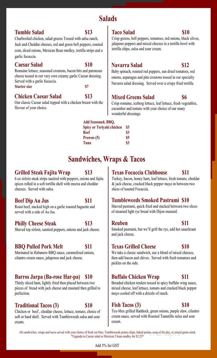 Tumbleweeds Texas & Latin Grill - Edmonton, AB menu_pic