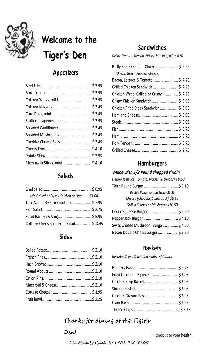 Tiger's Den - Odell, NE menu_pic