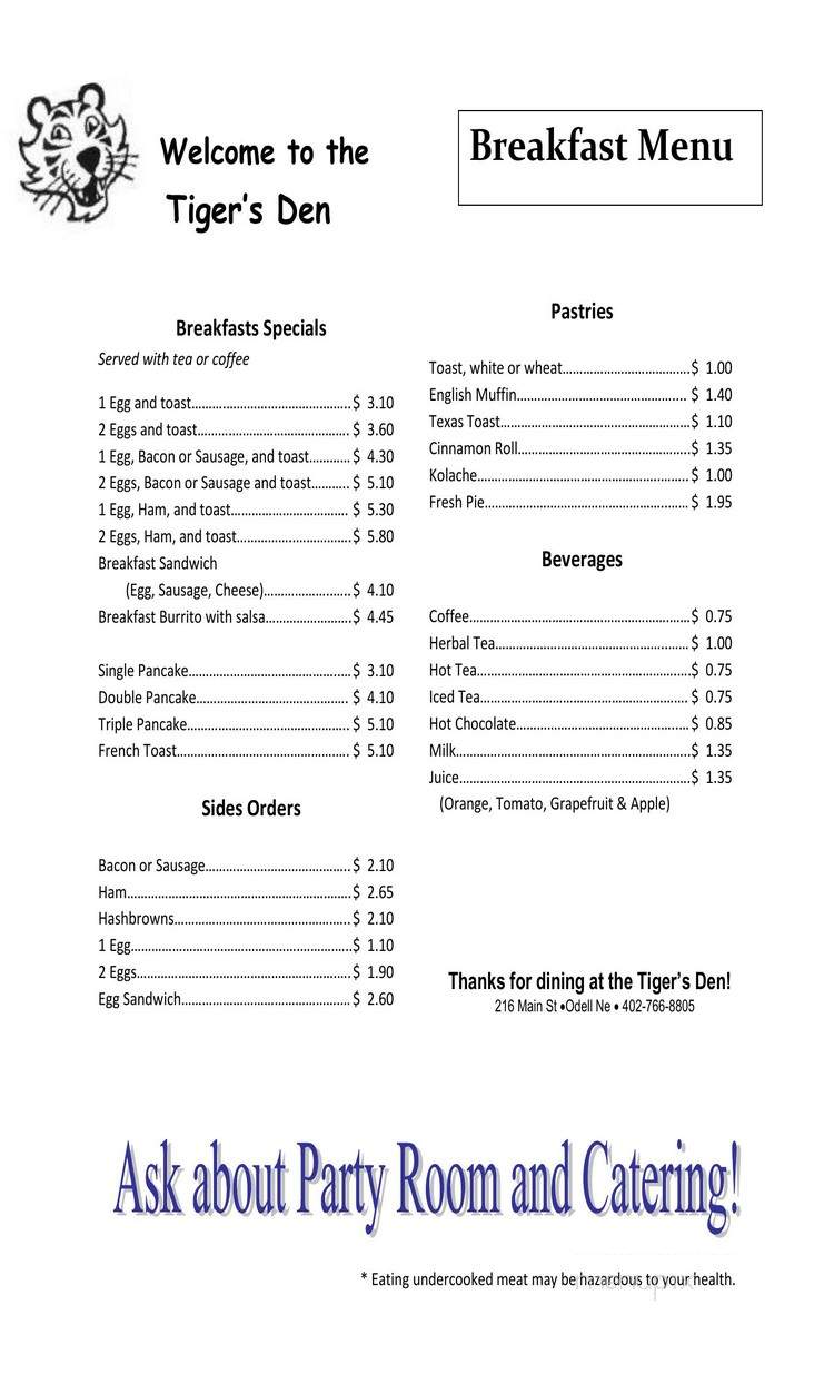 Tiger's Den - Odell, NE menu_pic