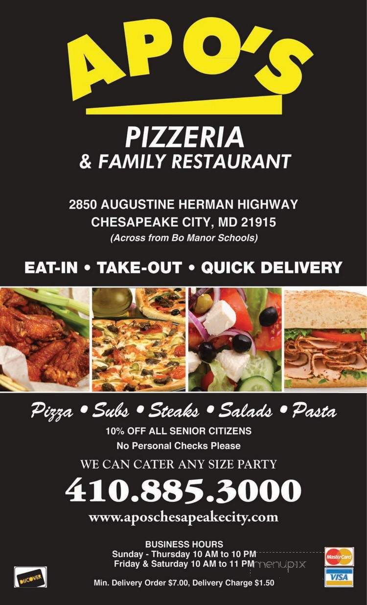 /2000239/Apos-Pizzeria-Menu-Chesapeake-City-MD - Chesapeake City, MD