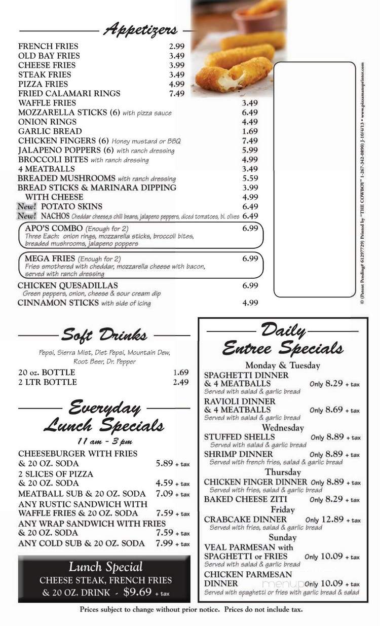 /2000239/Apos-Pizzeria-Menu-Chesapeake-City-MD - Chesapeake City, MD