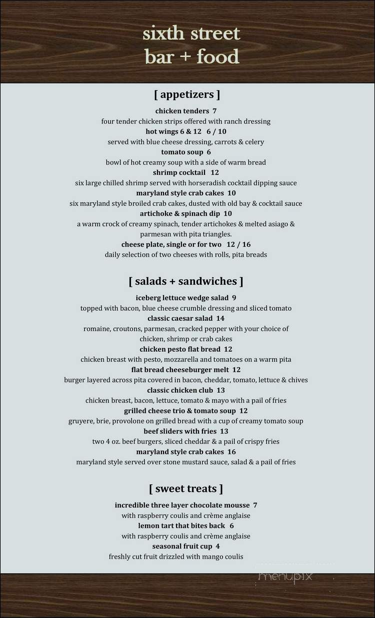 Sixth Street bar + food - Washington, DC menu_pic