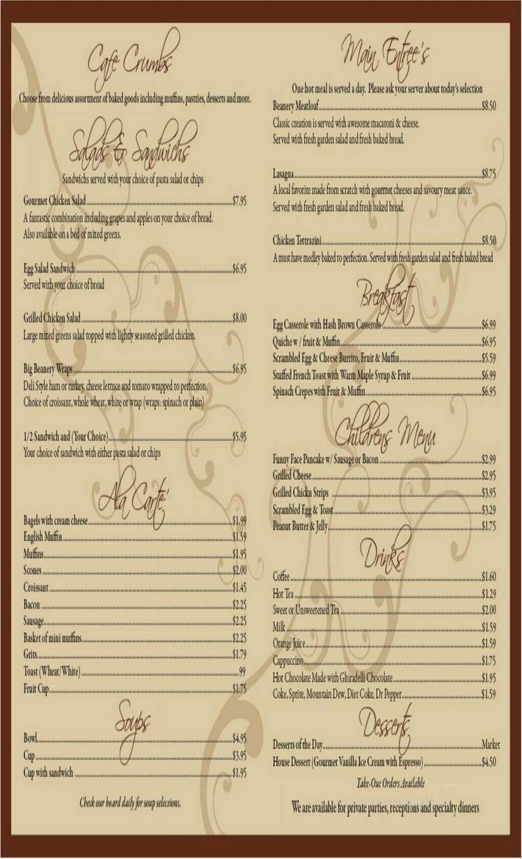 Beanery Cafe & Bakery - Blue Ridge, GA menu_pic