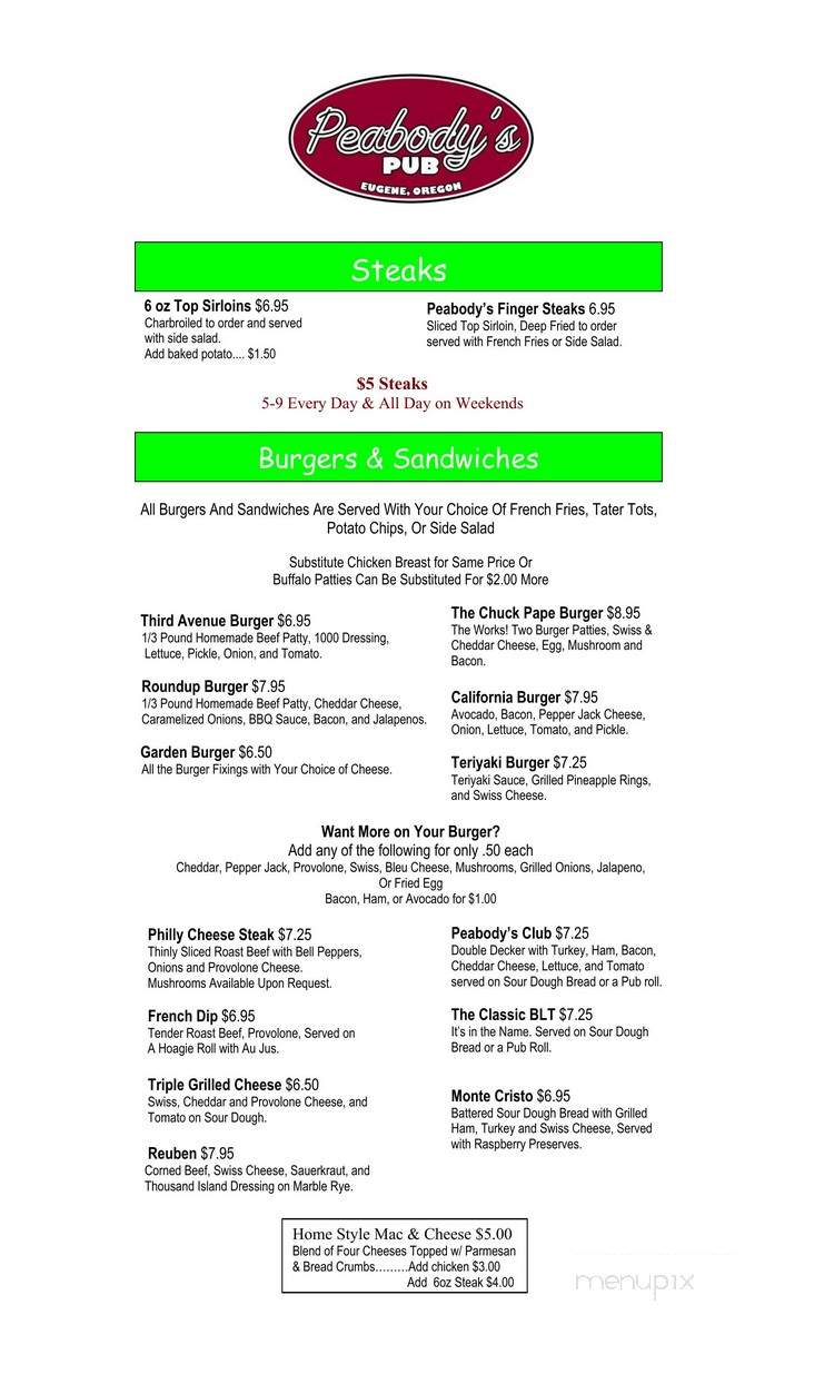 Peabody's Pub - Eugene, OR menu_pic