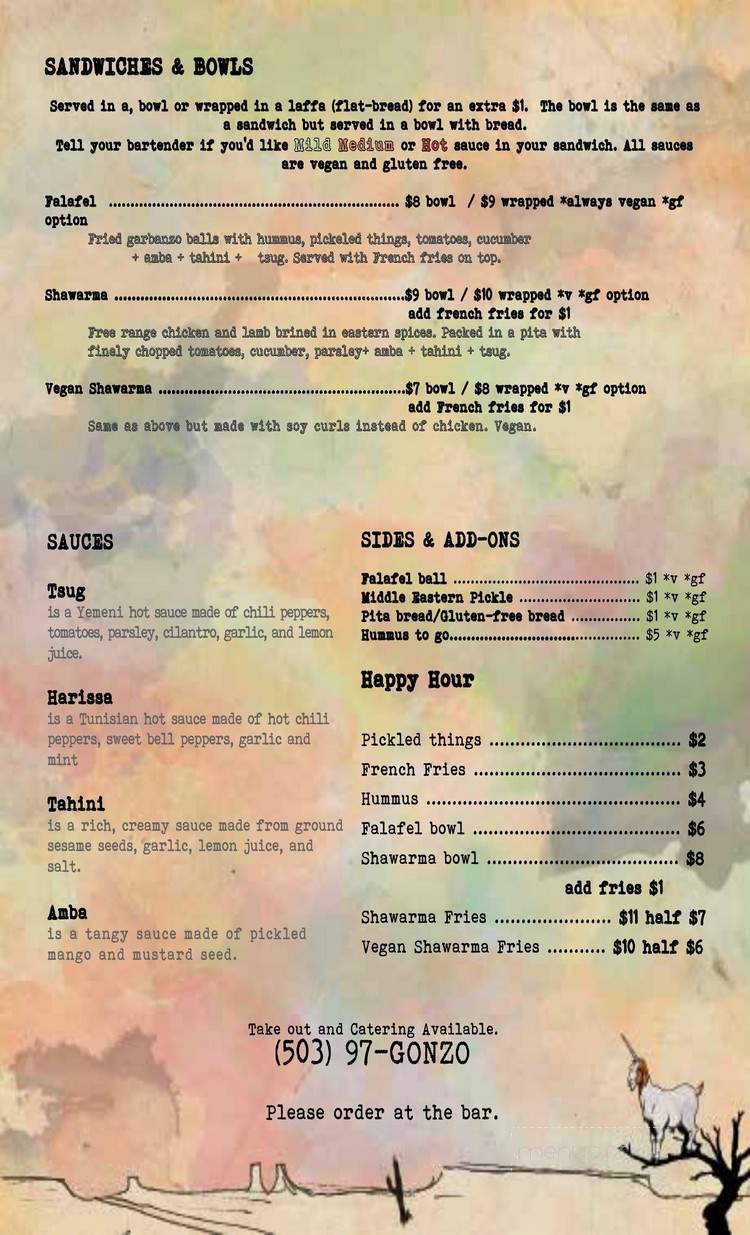 Gonzo At Bar XV - Portland, OR menu_pic