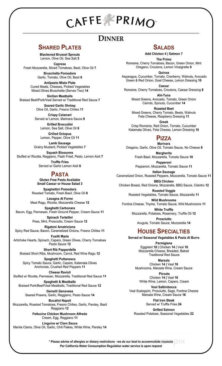 Caffe Primo - San Diego, CA menu_pic
