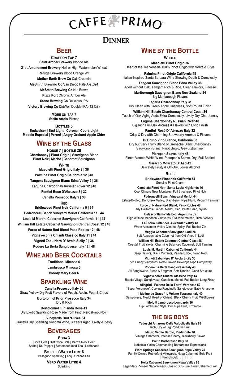 Caffe Primo - San Diego, CA menu_pic