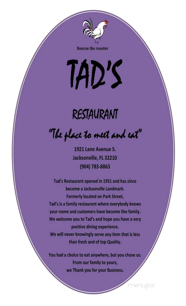 Tad's Restaurant - Jacksonville, FL menu_pic