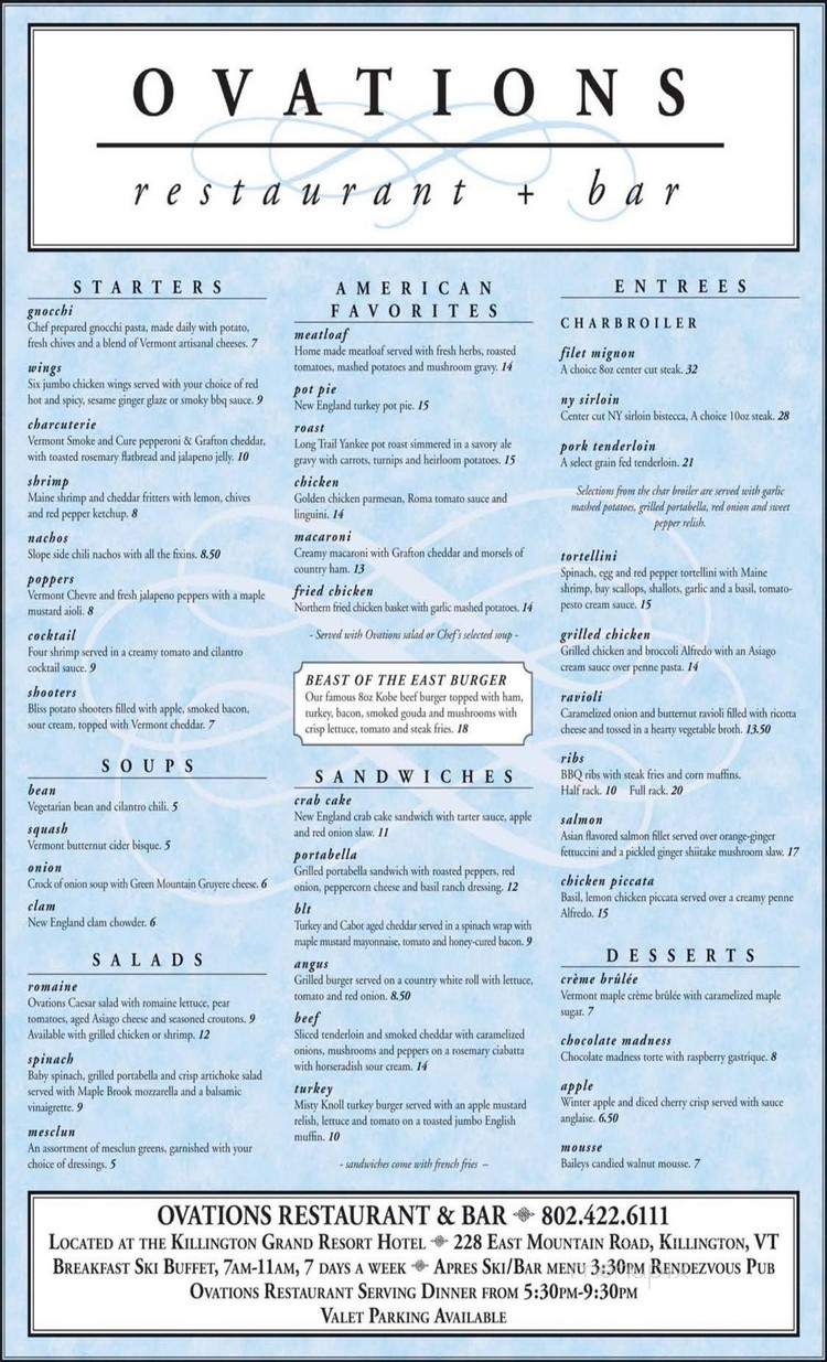 Ovations Restaurant - Killington, VT menu_pic