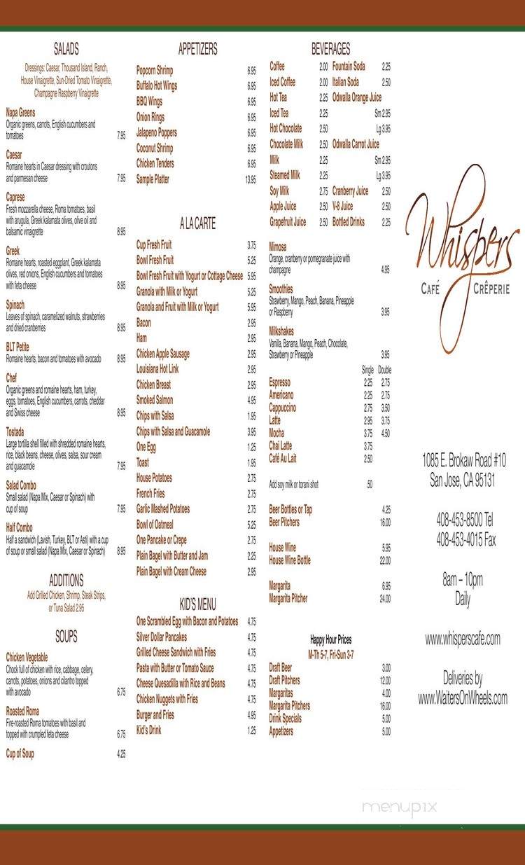Whispers Cafe & Creperie - San Jose, CA menu_pic