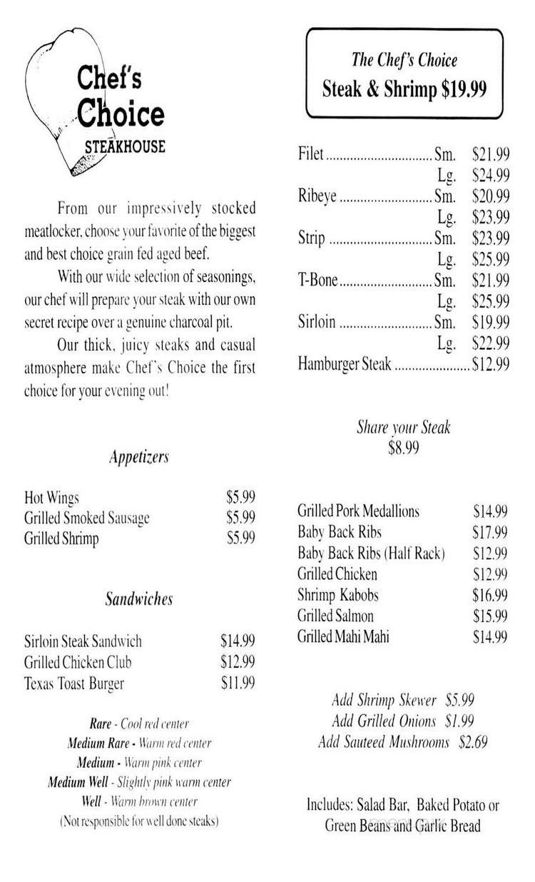 Chef's Choice Steakhouse - Eutawville, SC menu_pic