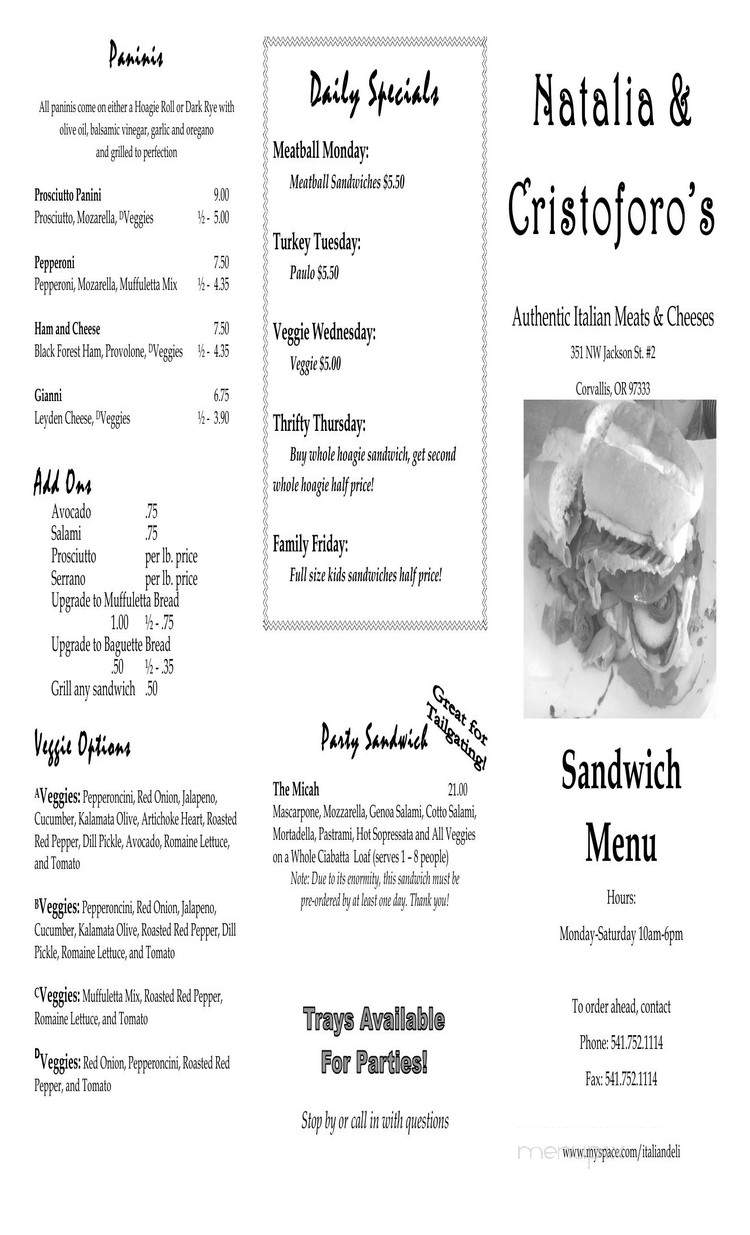 Natalia & Cristoforo's - Corvallis, OR menu_pic