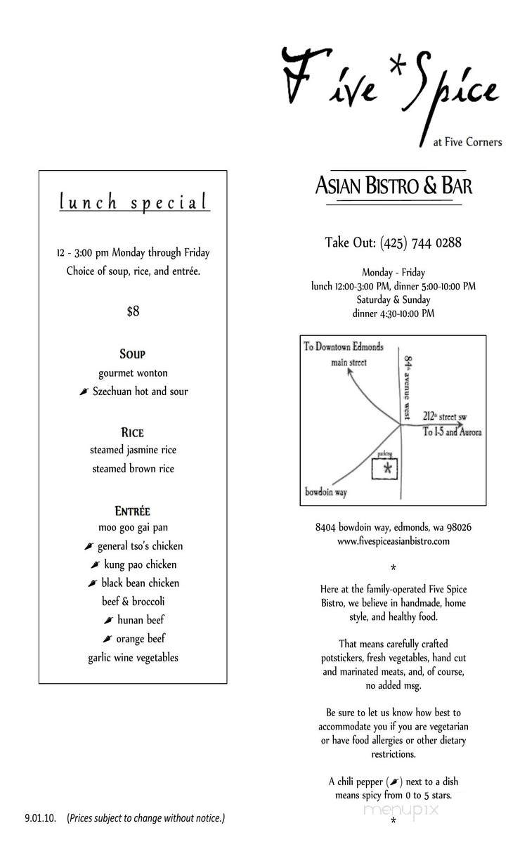 Five Spice at Five Corners Pan-Asian Bistro Bar - Edmonds, WA menu_pic