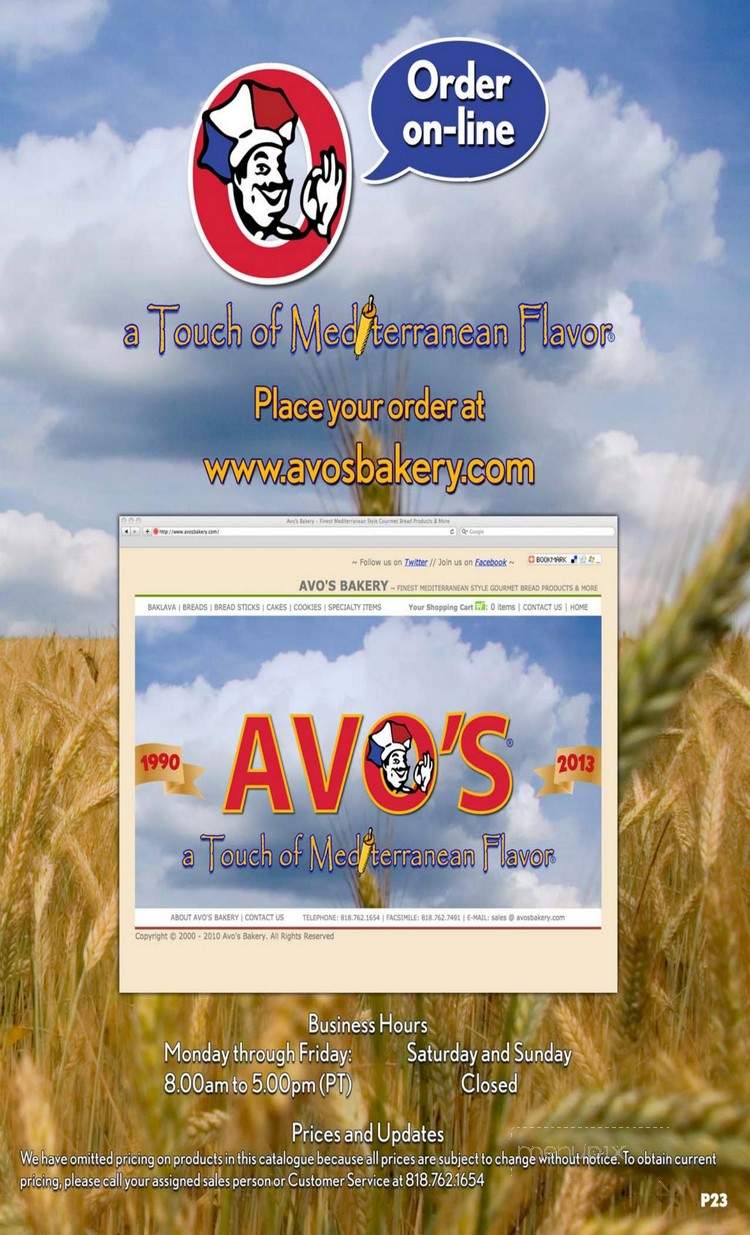 Avo's Bakery - Van Nuys, CA menu_pic