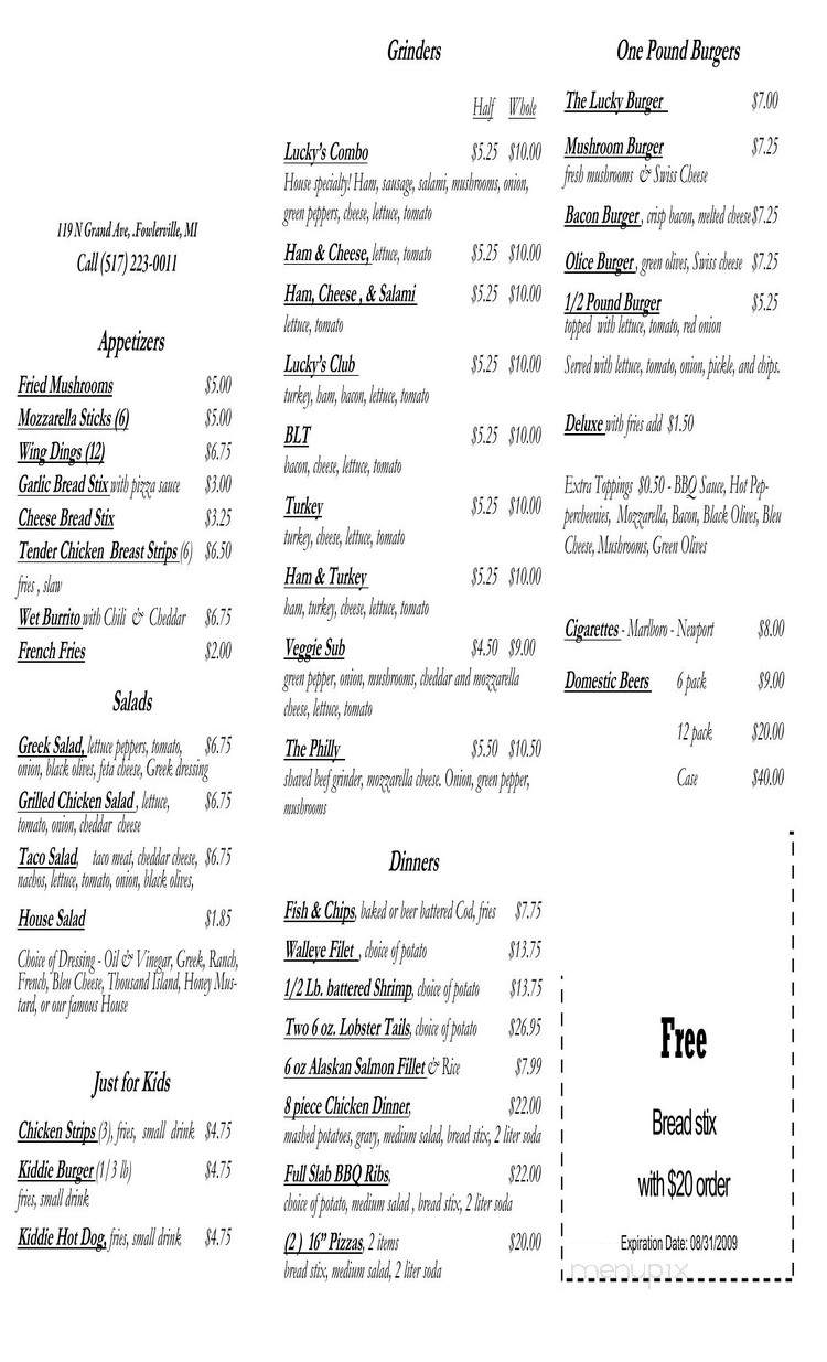 Lucky's Pub - Fowlerville, MI menu_pic