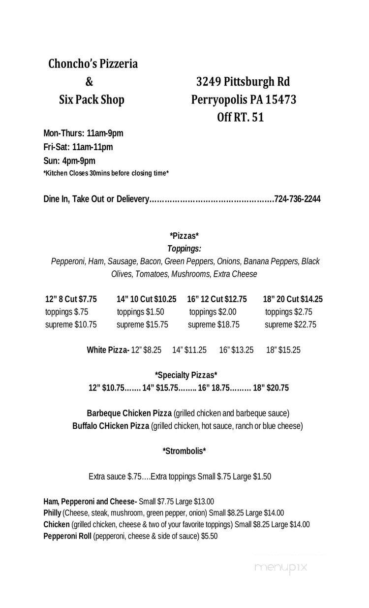 Choncho's Pizzeria - Perryopolis, PA menu_pic