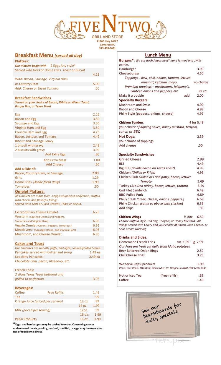 The Five N Two Grill - Cameron, NC menu_pic
