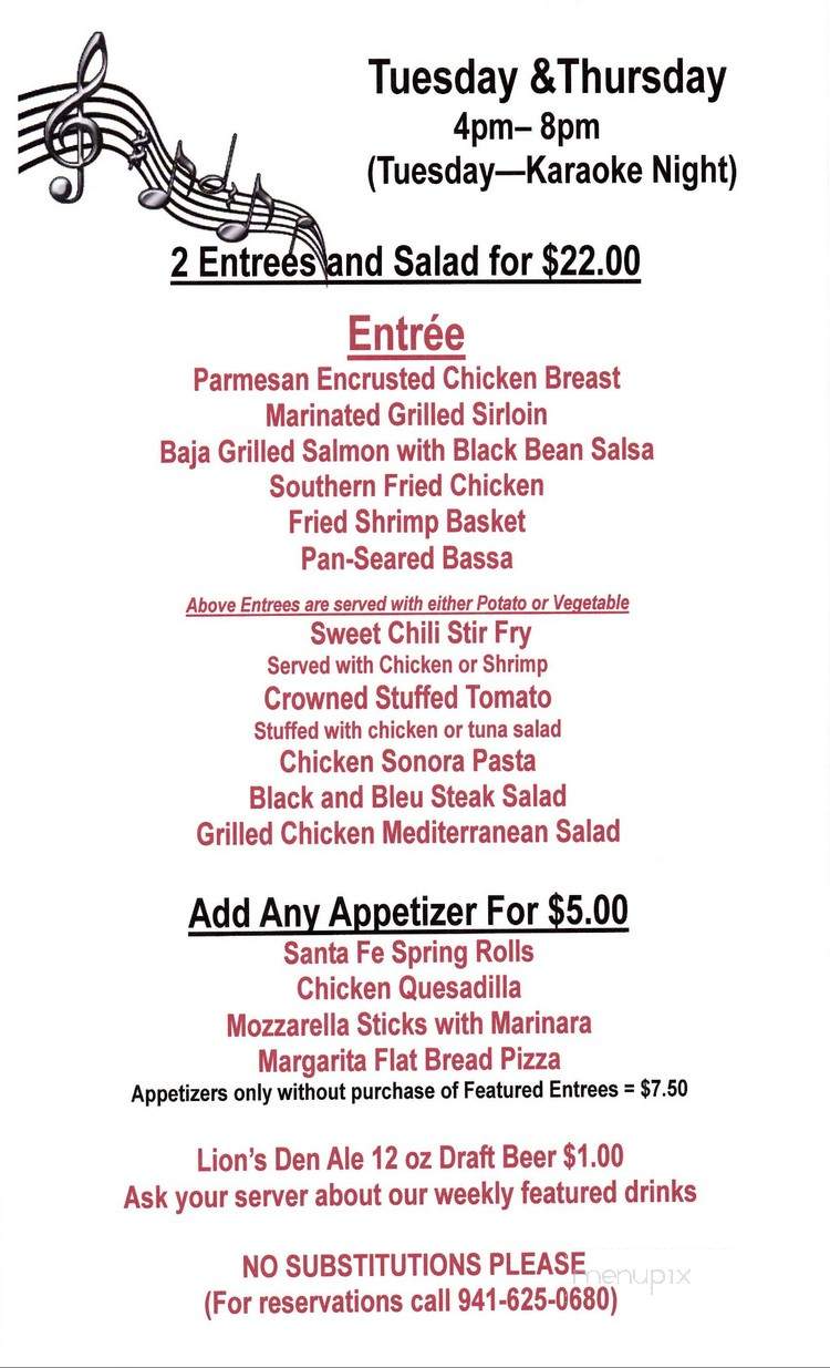 The Lion's Den - Port Charlotte, FL menu_pic