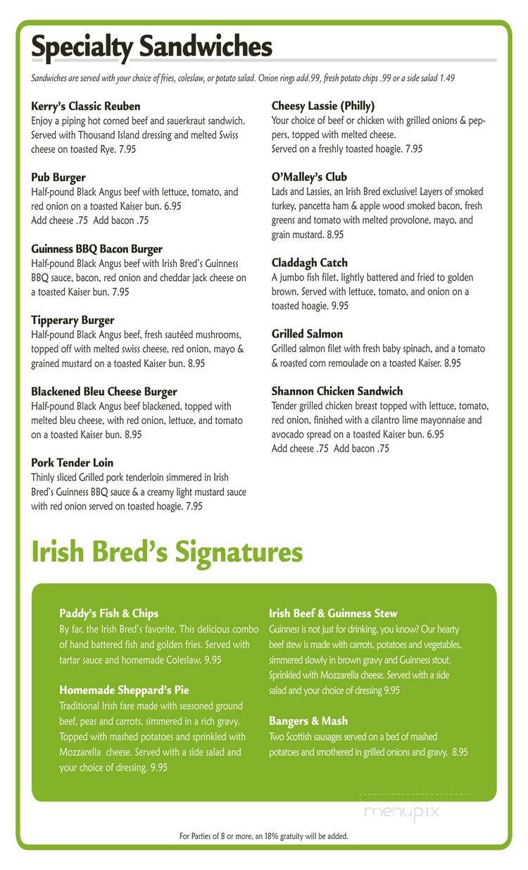 Irish Bred Pub - Gainesville, GA menu_pic