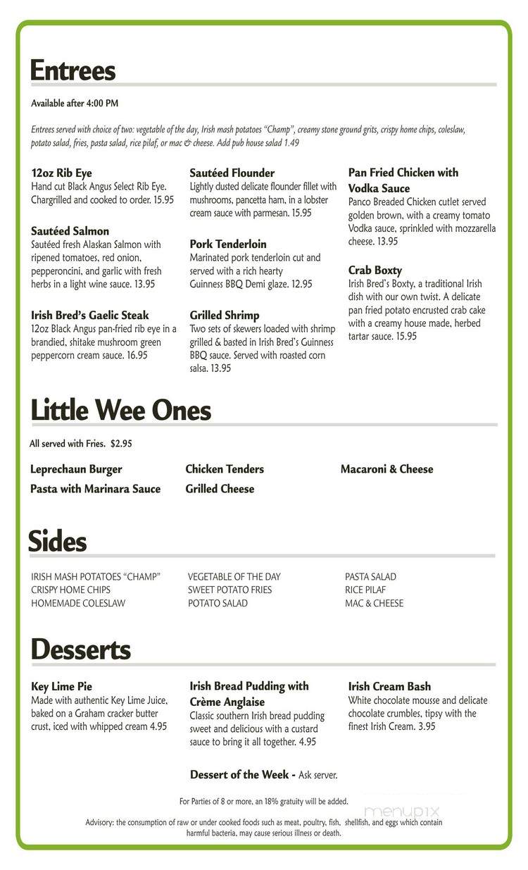 Irish Bred Pub - Gainesville, GA menu_pic
