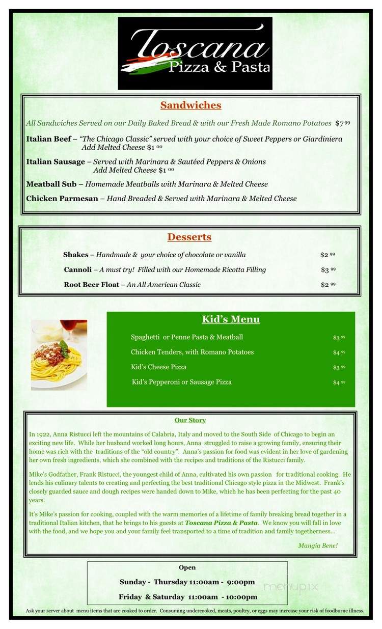 Toscana Pizza & Pasta - Granger, IN menu_pic