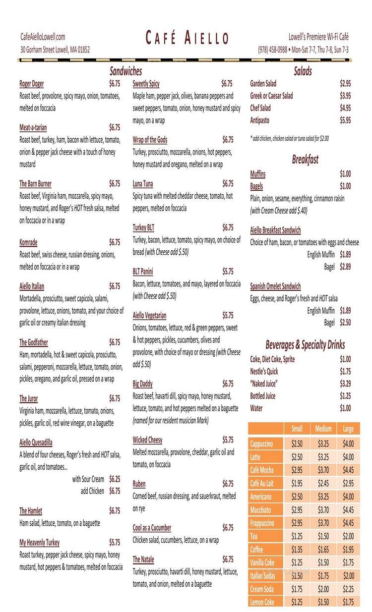 Cafe Aiello - Lowell, MA menu_pic