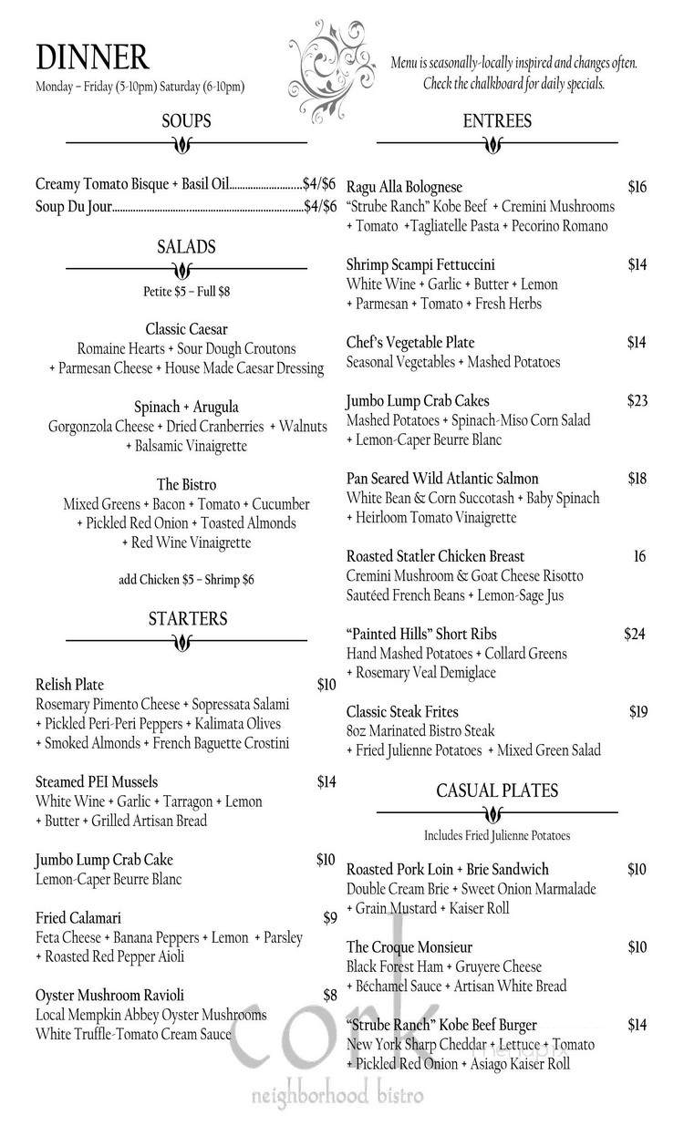 Cork Neighborhood Bistro - North Charleston, SC menu_pic