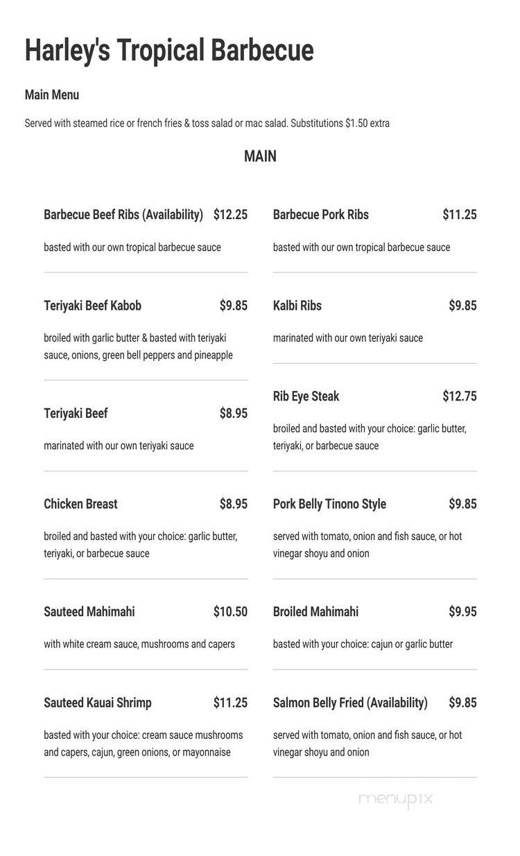 Harley's Tropical Barbecue - Kapaa, HI menu_pic