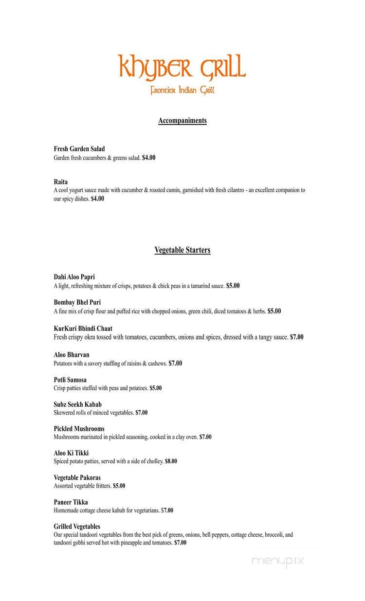 Khyber Grill - Frontier Indian Cuisine - South Plainfield, NJ menu_pic