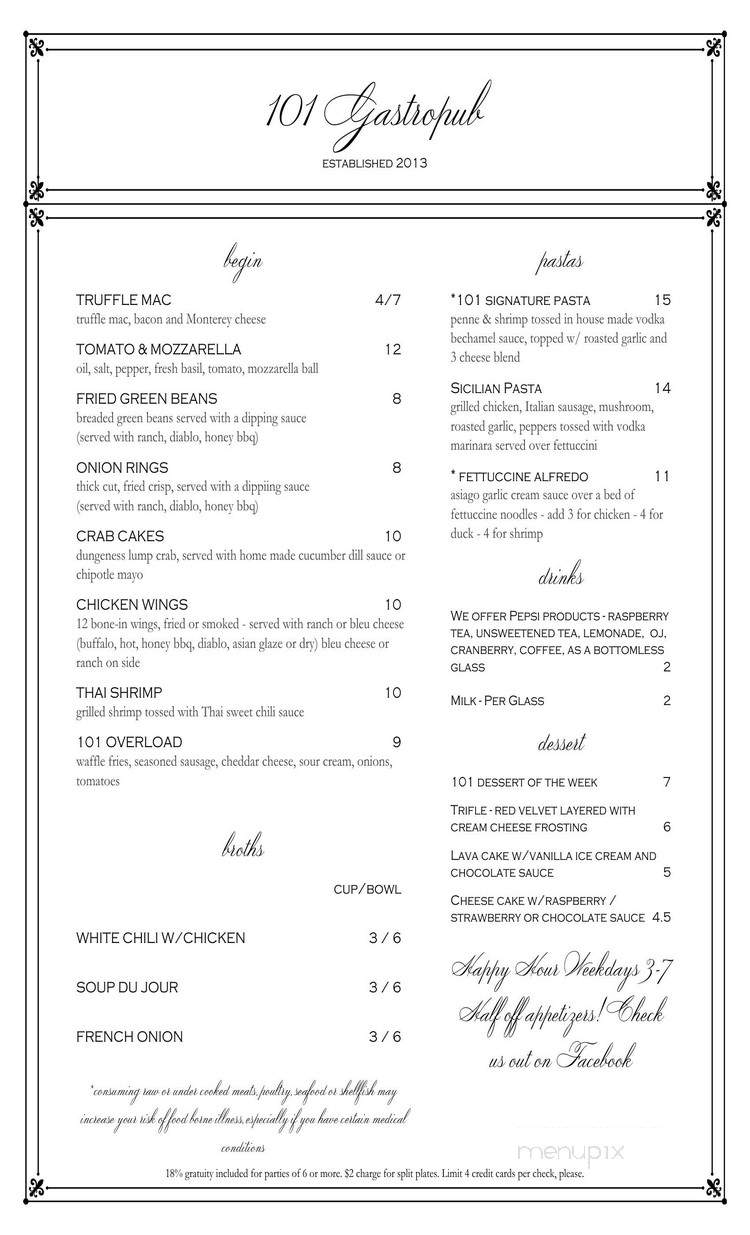 101 Gastropub - Cedar Rapids, IA menu_pic