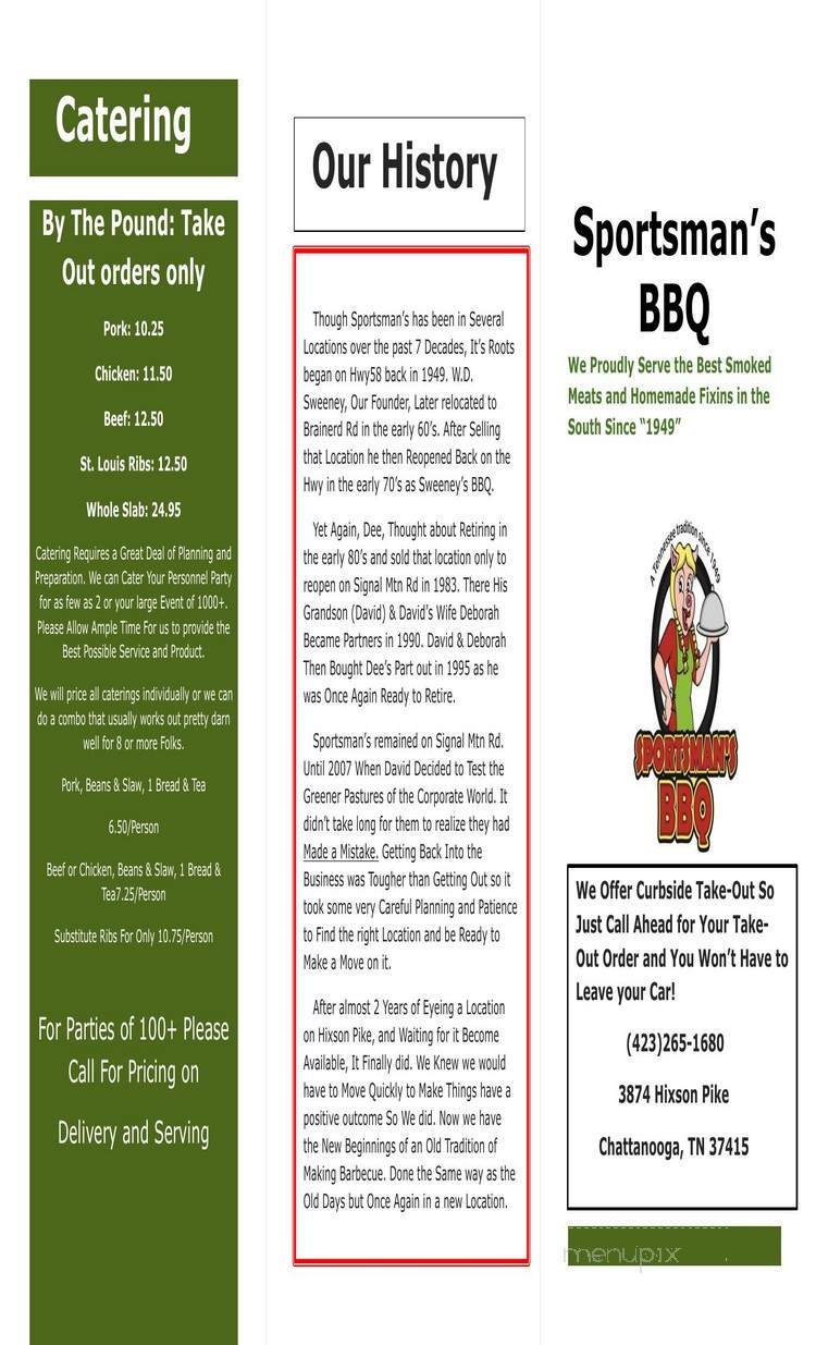 Sportsmans Bar-B-Q - Chattanooga, TN menu_pic