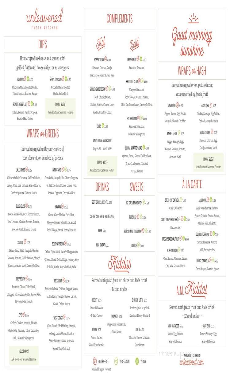 Menu Of Unleavened Fresh Kitchen In Dallas Tx 75231