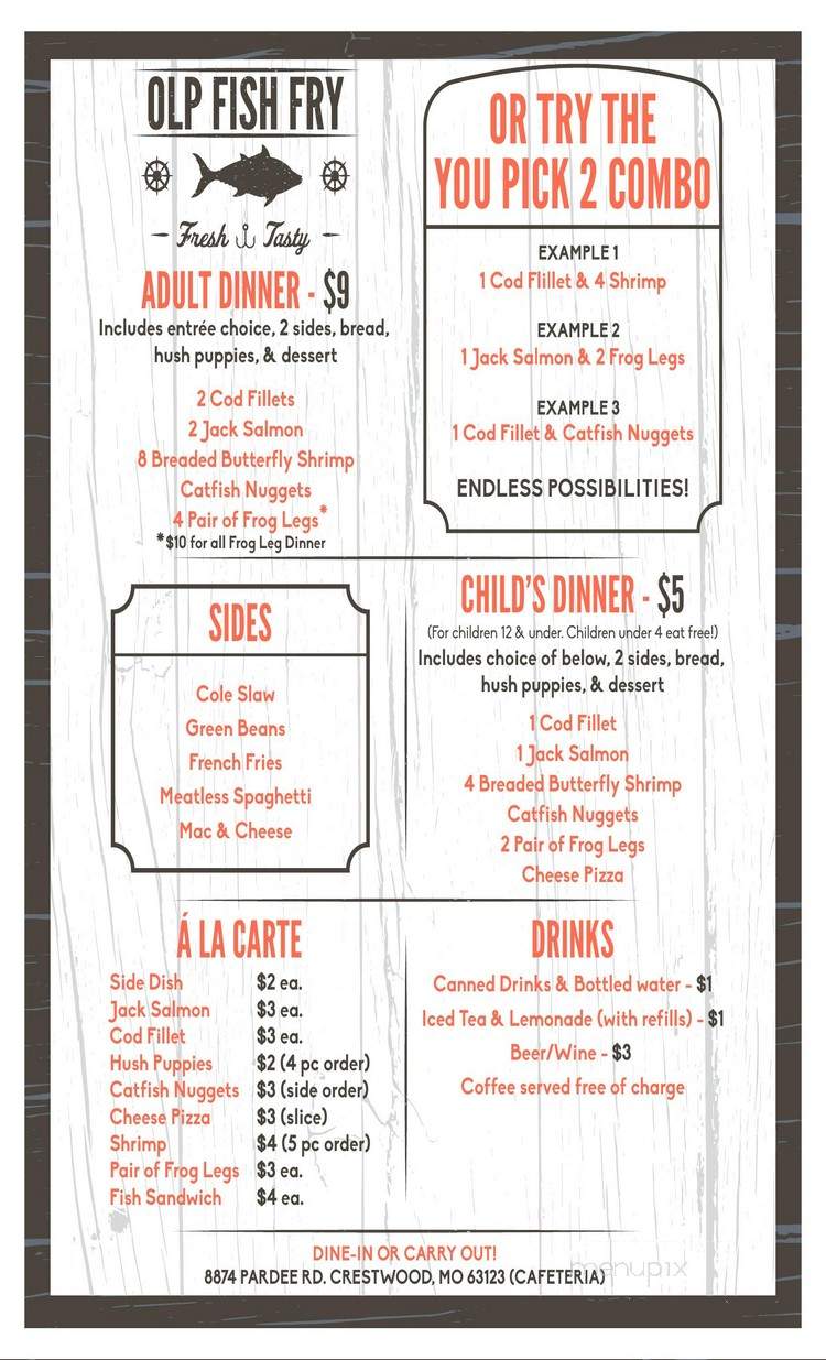 Menu of OLP Fish Fry in Crestwood, MO 63123