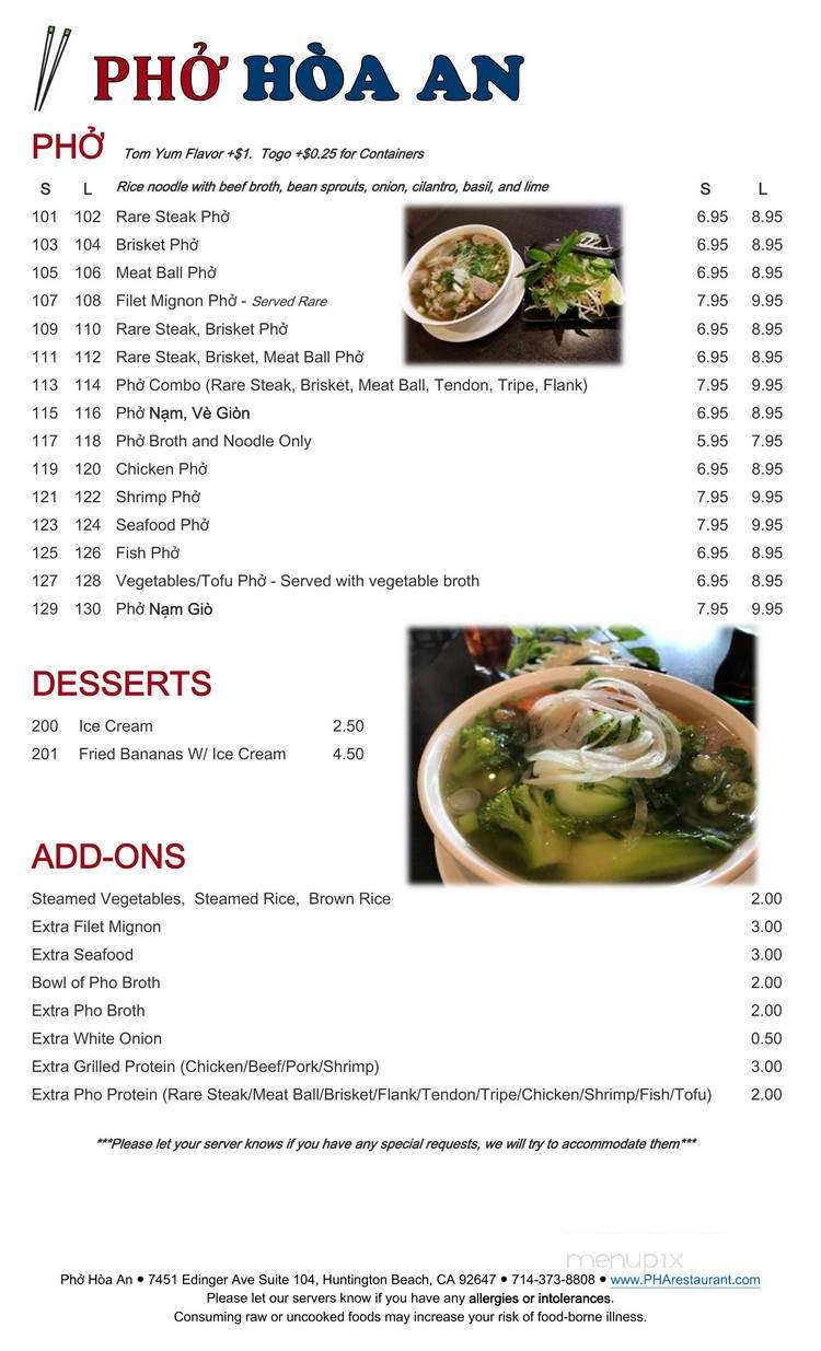 Pho Hoa An - Huntington Beach, CA menu_pic