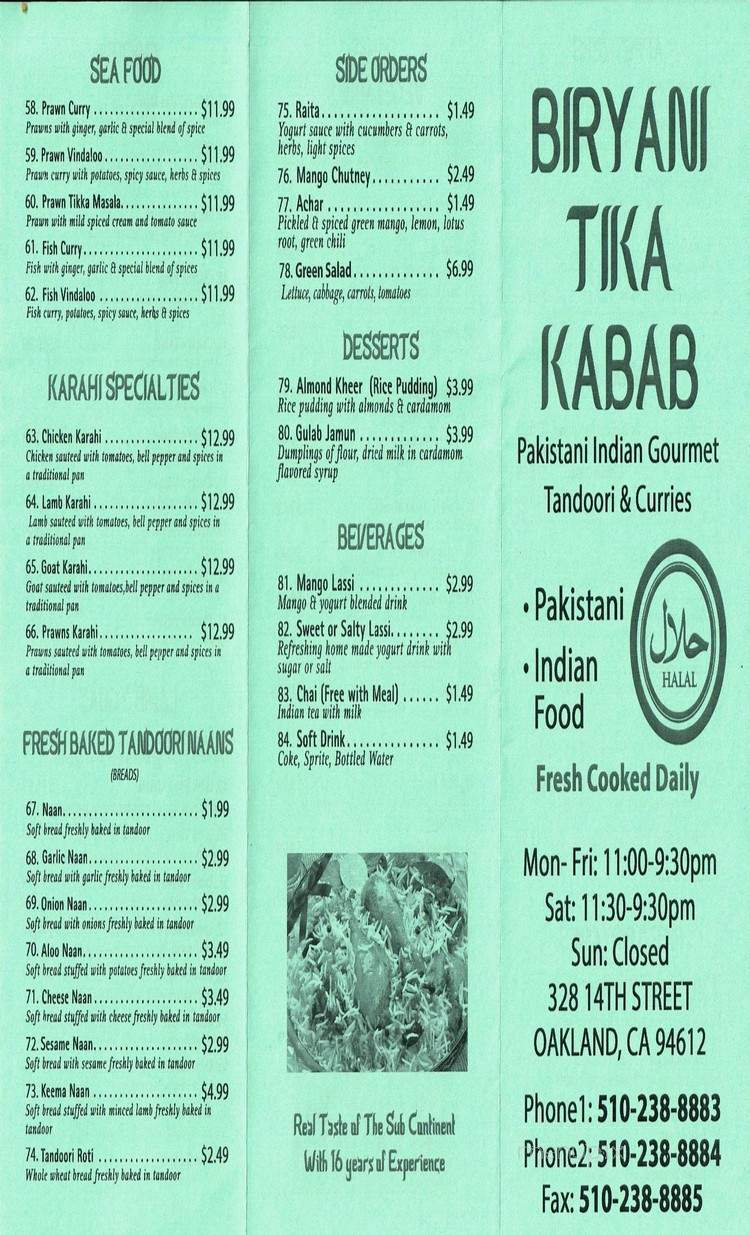 Biryani Tika Kabab - Oakland, CA menu_pic