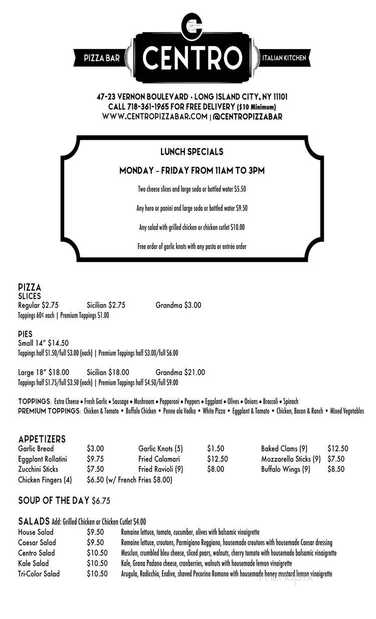 Centro Pizza Bar & Italian Kitchen - Long Island City, NY menu_pic